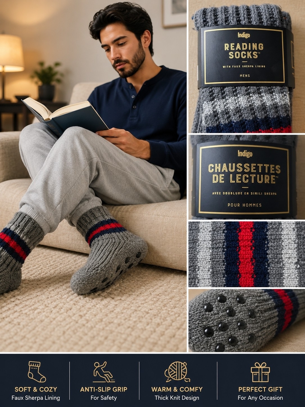 Indigo Gray Casual Reading Socks with Red & Navy Stripes